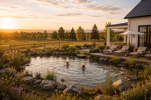 Natural pond pool beside a modern farmhouse
