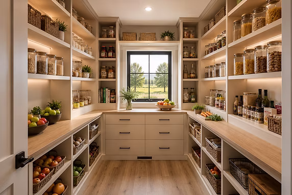 Walk-in pantry in a modern farmhouse