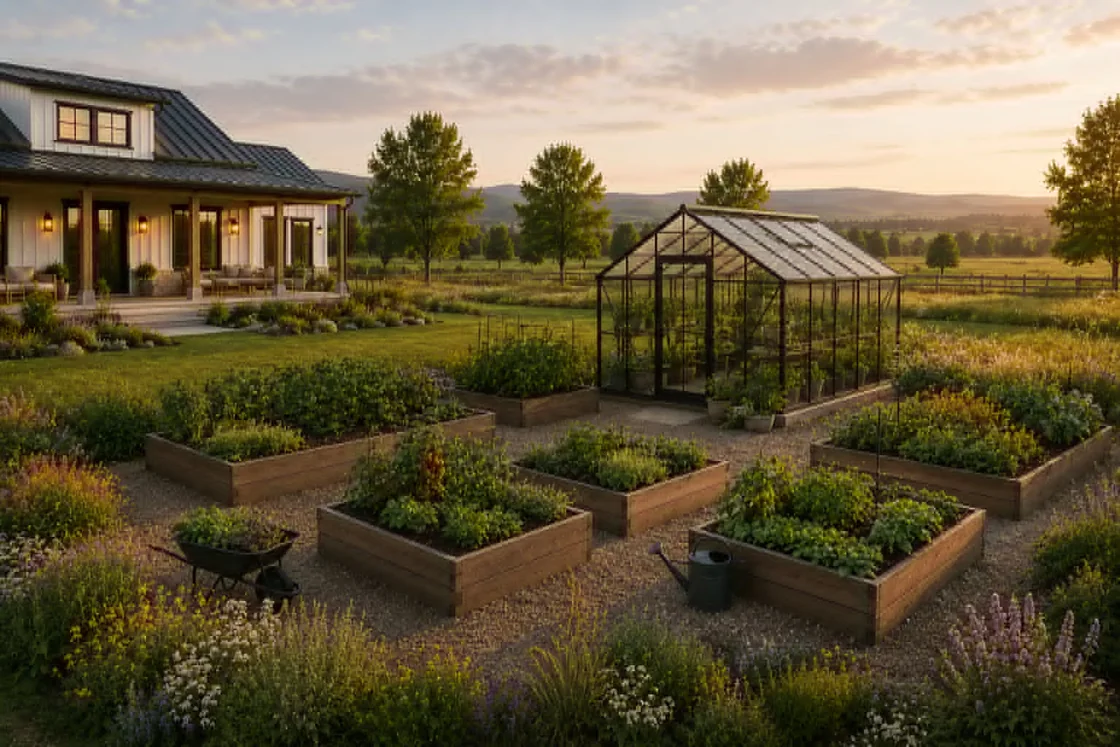 Kitchen garden and greenhouse beside a Stewardland farmhouse at golden hour