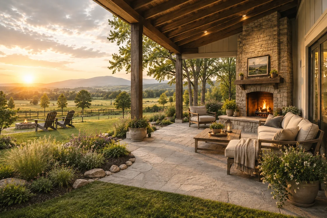 Covered porch with a stone fireplace overlooking open countryside
